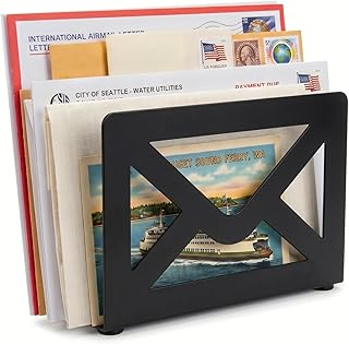 MyGift Black Metal Desktop Mail Holder with Cutout Envelope Design Home and Office Desk Letter Organizer