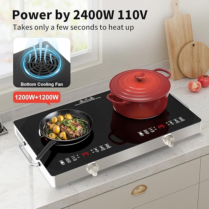 GIHETKUT Electric Cooktop,110V 2400W Stove top, Countertop Cooktop with 9 Power Levels, LED Display,Child Safety Lock, Timer,Knob and Touch Control 2 burner Electric cooktop