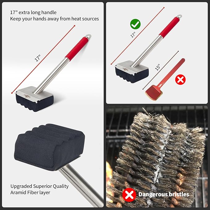 Bristle-Free Grill Brush – Upgraded Aramid Fiber Wavy Pad. Safe for Cast Iron, Porcelain, Weber Gas & Charcoal Grills. Replaceable Head – Perfect for Outdoor Grill Cleaning.