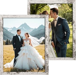 Q.Hou 11x14 Picture Frames Wood Patten Distressed White Set of 2, Each Frame with 2 Mats,Display 8x10 or Five 4x6 Photos with Mat & 11x14 Picture Without Mat for Wall Mount (QH-PF11X14-RW)