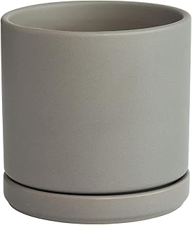 D'vine Dev 6 Inch Ceramic Planter Pot with Drainage Hole and Saucer, Indoor Cylinder Round Flower Pot, Grey, 94-O-C-3