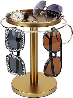 kondyfayo 360° Rotating Sunglass Organizer Storage, Stainless Steel Glasses Holder Stand, Glasses Organizer with Tray for Desk, Dresser, Tabletop, Nightstand and Home Decor (Gold)