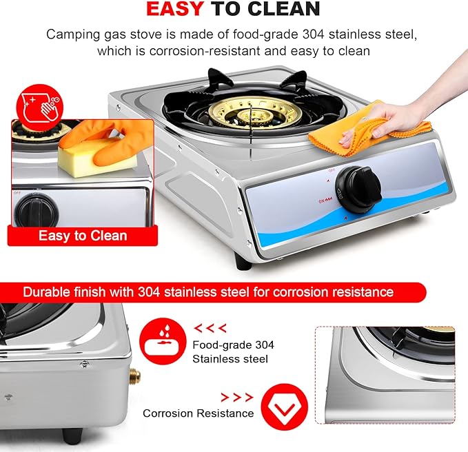 Propane Gas Cooktop，Single Burner Gas Stove Stainless Steel Portable Gas Stove，Auto Ignition Camping Single Burner LPGfor RV, Apartments, Outdoor