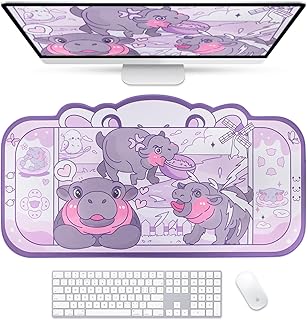 BelugaDesign Baby Hippo Desk Mat | Kawaii Cute Anime Pygmy Zoo Animal | Cartoon Keyboard PC Laptop Pastel Large Gaming Setup Accessories Mouse Pad | Machine Washable Blotter Protector Purple Gray