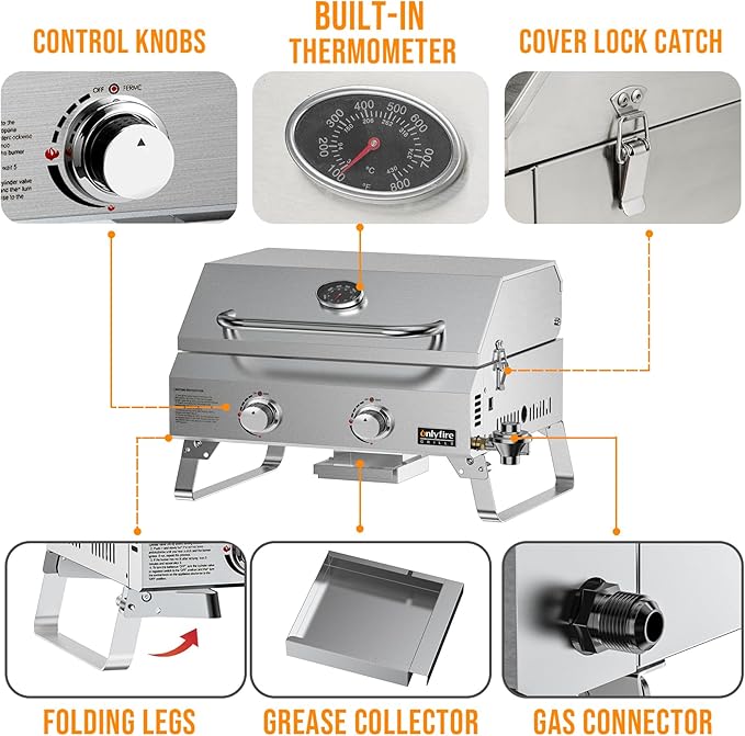 ONLYFIRE GRILLS Tabletop Gas Grill 2 Burners, 20" Portable Propane Grill with Foldable Legs for Outdoor Patio Backyard Camping Tailgating RV Trip Beach, Stainless Steel Gas Stove 16000BTU, GS322