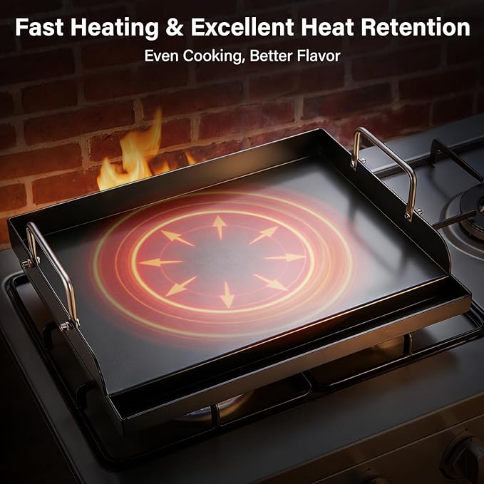 25" x 16" Nano-Ceramic Nonstick Cast Iron Griddle - 23lb Heavy Duty - Universal Flat Top with Grease Groove, Reinforced Ridges & High Sidewalls, for Gas/Charcoal Most Grill Brands