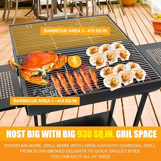 Double Charcoal Barrel Grill with Two Side Shelf, Large Stainless Steel Grill For Backyard Camping Picnic and Party