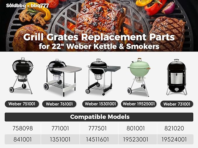 8835 Cast Iron 21.5" Grill Grates w/12" Removable Center Grate for Weber Original Kettle Premium 22-inch Charcoal Grill, Replacement Parts for Weber 22" Performer Premium Grill, One-Touch Grills