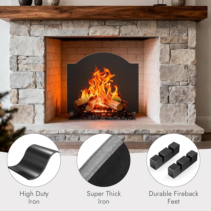 INNO STAGE 20" Fireplace Back Plates - Iron Fireback with Feet, Fireplace Wall Protection, Fireplace Heat Reflect, Black