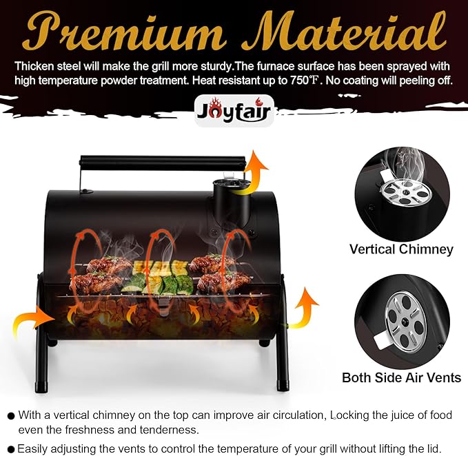 Joyfair Portable Charcoal Grill (2 IN 1 Double-Sided), Small Tabletop Barbecue Grill with Food Tray & Rack for Outdoor Camping Home Patio BBQ Grilling, Heavy Duty & Multi-use, Easy Assembly (230Sq.in)