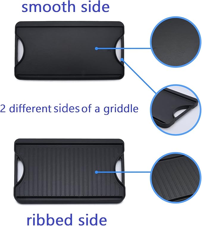 GasSaf Reversible Cast Iron Griddle, 18.5 x 10 Inch Double Sided Cooking Surface, Heavy-Duty Gas Grill Pan, Flat & Ribbed Griddle Pan for Double Burner Stovetop, Oven, Grill & Campfire