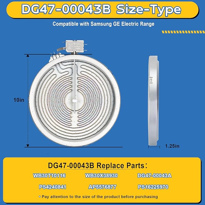Upgraded DG47-00043B WB30T10116 9" Dual Radiant Surface Element Compatible with Samsung GE Electric Range, WB30X38930 10" Heater Radiant-Dual Replace DG47-00043A PS4240841 AP5576877 PS16225970