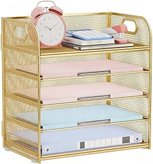Paper Organizer Letter Tray with Handle Mesh 5 Trays Desk File Organizer Paper Sorter Desk Organizer for Office, Home or School-Gold