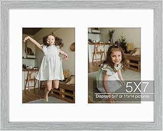 Golden State Art, 11x14 Grey Wood Frame with White Mat - Displays Two 5x7 Photos - Tempered Glass, Sawtooth Hangers, Swivel Tabs - Wall Mounting, Landscape, Portrait