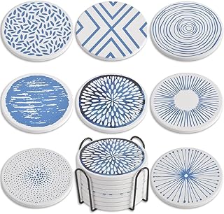 Newk Ceramic Absorbent Coasters - Set of 8 with Metal Holder, Perfect for Coffee Table, Great Housewarming Gifts