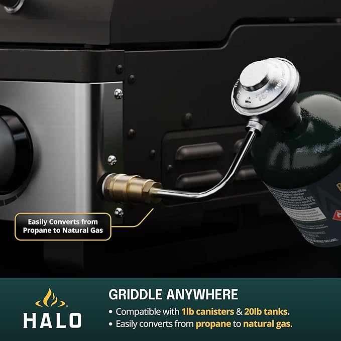 HALO Elite1B Outdoor Griddle | 2 Cooking Zones | 284sq. In. (21″ x 13.53″) Wind-Proof Cooking Surface | Portable Flat Top for Camping, Tailgates, and Patios | Propane Gas Grill | HZ-1007-ANA