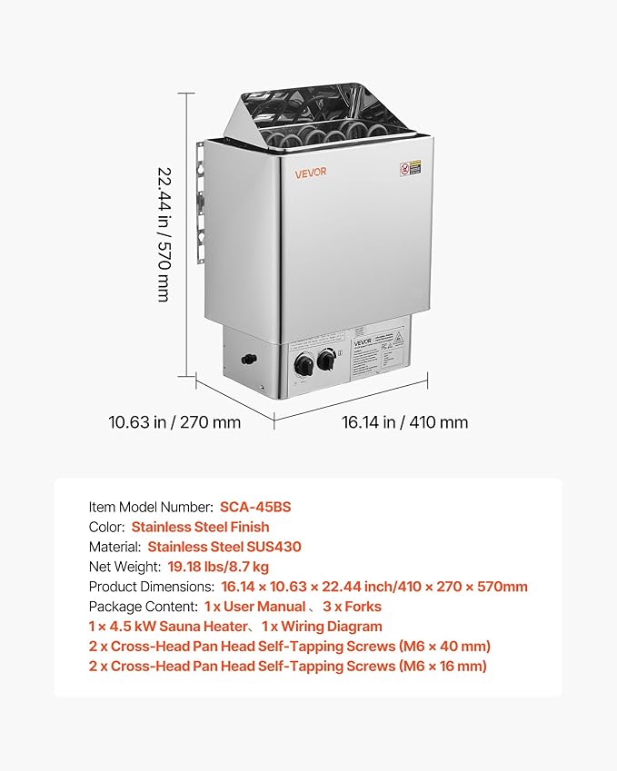 VEVOR Sauna Heater, 4.5KW 240V Electric Sauna Stove, Dry Steam Bath Saunas Stove with Pre-Drilled Bracket, Fit 105 to 210 CU.FT Saunas Rooms, Steam Bath Stoves for Home, Commercial, Leisure Venues