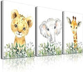 Baby Safari Nursery Wall Decor - Set of 3 Pictures Cute Animal Wall Prints on Canvas Jungle Nursery Safari Decor Gifts for Baby Boys and Girls Room, Framed Wall Art 12 x 16 Inch