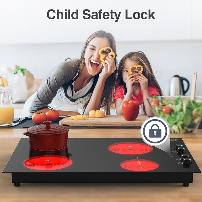 GIHETKUT 4 Burner Electric Cooktop,7200W Built-in & Countertop 4 Burner Electric Stove Top with 9 Power Levels, Child Safety Lock & 99mins Timer, 30 inch Electric Cooktop 220-240V (No Plug)