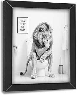 Funny Bathroom Wall Art Framed Lion Bathroom Decor, Black and White Animal Canvas Print Picture Farmhouse Toilet Signs for Home Restroom, Black, 16"x24"