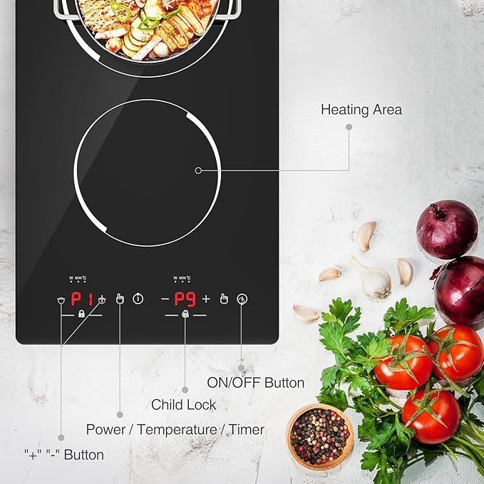 GIHETKUT Double Induction Cooktop,110V 2 Burner Induction Cooktop,2300W Electric Stove Top with Independent Control, Ultrathin Body, 9 Temperature, Multiple Power Levels, 2 Hour Timer, Safety Lock