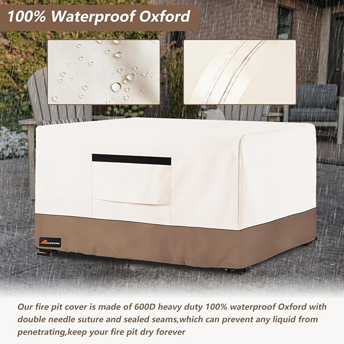 Fire Pit Cover Rectangular, Outdoor Heavy Duty 600D 100% Waterproof Tear-Resistant 44 Inch Fire Table Cover Rectangle, Patio Gas Fire Pit Table Covers, Beige 44" L x 28" W x 24" H