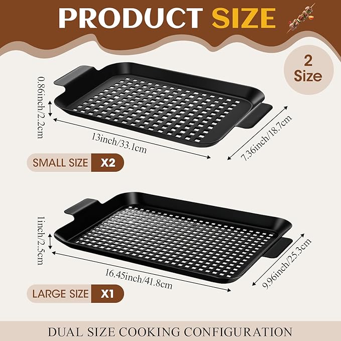 3 Pack Grill Tray for Outdoor Grill Stainless Steel Nonstick Grilling Baskets with Holes and Handles Heavy Duty Perforated Grilling Tray Barbecue Accessories for Vegetable, 2 Size