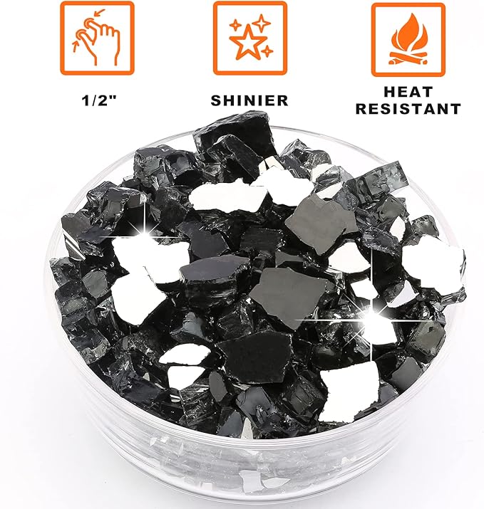 10 lbs Fire Glass, 1/2 Inch Black Reflective Fire Glass for Propane Fire Pit, Fire Pit Glass Rocks Safe for Fireplace, Table and Landscaping