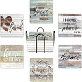 Britimes Coaster for Drinks Set of 6, Worn Wood Absorbent Square Ceramic Stone Mat, with Cork Base and Metal Holder, Gift for Housewarming Room Bar Decor