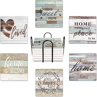 Britimes Coaster for Drinks Set of 6, Worn Wood Absorbent Square Ceramic Stone Mat, with Cork Base and Metal Holder, Gift for Housewarming Room Bar Decor
