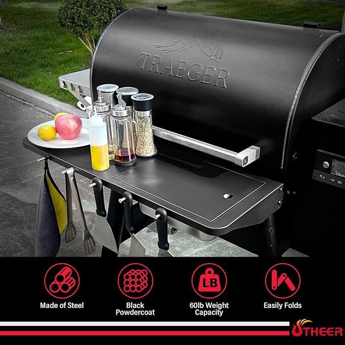 Utheer Upgraded Folding Front Shelf for Traeger Pro 780 and Ironwood 885 Pellet Grills, 32.5"x11.5" Heavy-Duty BBQ Prep Table with Cutting Board, Basin, 5 Hooks, 60-LB Load Steel Folding Grill Shelf