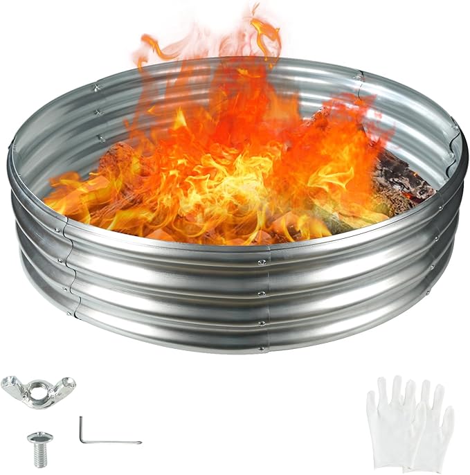 YSEJOMP 48 Inch Round Galvanized Fire Pit Ring/Fire Ring - Foldable and Perfect for Outdoor Gatherings and Campfires in The Yard/Garden/Park/Beach (4 FT Diameter, Silver)