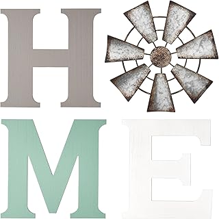 Mkono Farmhouse Wall Decor Wooden Home Sign with Metal Windmill for O Rustic Hanging Letters Decorative Wall Art Decor Signs for Living Room Kitchen Bedroom Entryway House