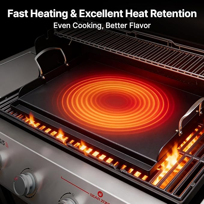 25"x16" Nonstick Cast Iron Griddle for Gas Grill - 23lb Heavy Duty - Universal Flat Top with Reinforced Ridges & High Sidewalls, Fits Gas/Charcoal Grills (Weber, Charbroil, Nexgrill)