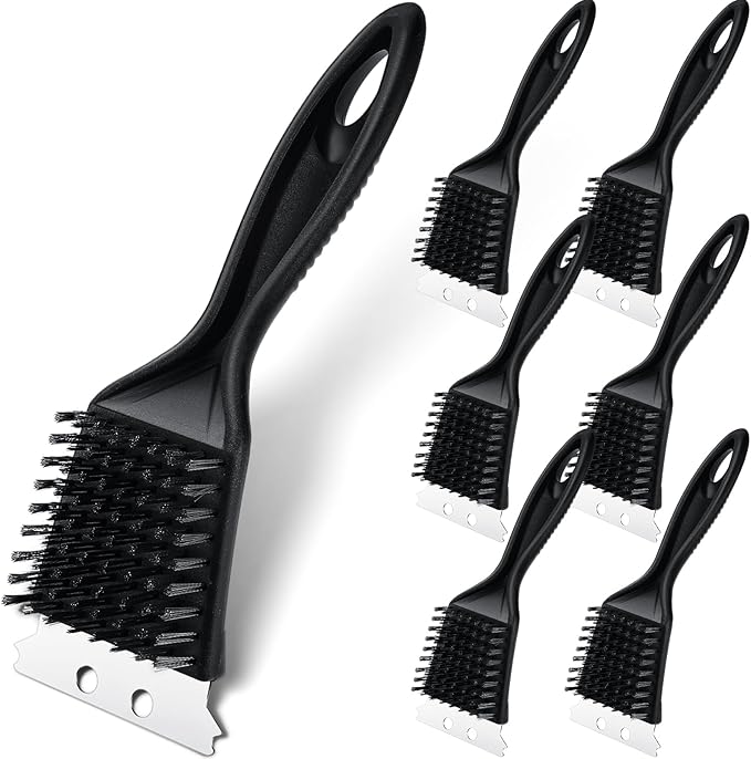 Sliner 6 Pcs 8 Inch Grill Brush with Scrap Black Scrubbing Stainless Steel Wire Grill Cleaner Brush BBQ Accessories for Indoor Outdoor Grate Remove Grease Burnt Food