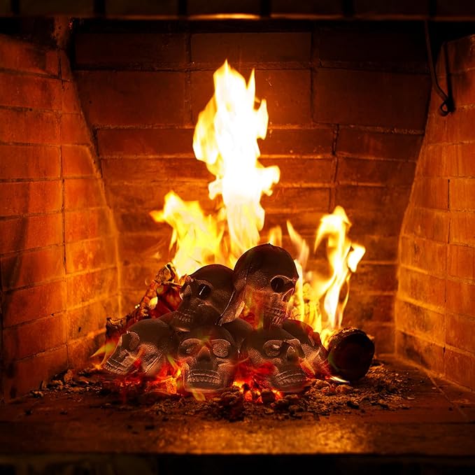 Metal Human Skull Gas Log Set of 8 for Indoor or Outdoor Fireplaces, Fire Pits, and Halloween Decor, Fireproof & Refractory Creepy Skull Charcoal for Spooky Home Decoration, Durable for 10+ Years Gift