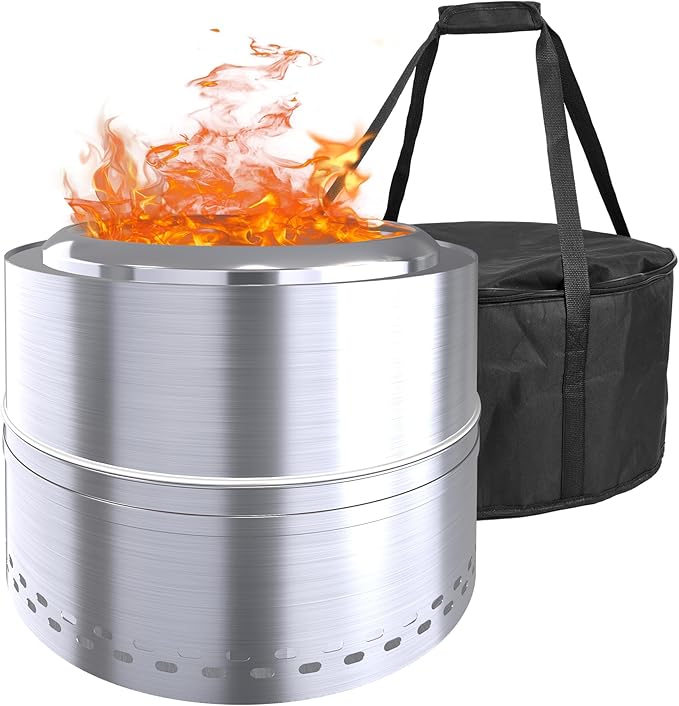 Smokeless Firepit Bonfire 20", Outside Wood Burning Metal Stove Stainless Steel Fire Pit with Carry Bag, Portable Camping Propane Patio Backyard, Easy Setup & Cleaning (Silver Without Hallow)