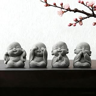 4Pcs Baby Buddha Statue Set, 2 Inch Mini Zen Monk, Sandstone Buddha for Desk Decor, Laughing Buddha for Good Luck, Car Dashboard, Home & Living Room Decor with Blessing Amulet