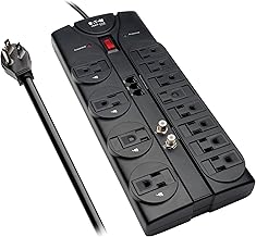 Eaton Tripp Lite TLP1208TELTV Home Theater Surge Protector Power Strip, 12 Outlets, Flat Plug 8ft Extension Cord, 2160 Joules | Coax and RJ11 Ports for Phone Land Line, TV, and WiFi Router Protection