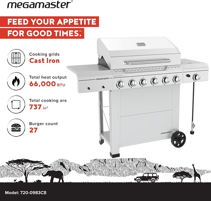 Megamaster Stainless Steel 6-Burner Propane Gas Grill with Side Burner, Barbecue Grill with Temperature Gauge, 66,000 BTUs, 737 SQ. In. Cooking Area, Outdoor BBQ Grill for Backyard Patio - 720-0983CB