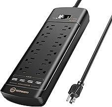 Surge Protector Power Strip - 12 Outlets,4 USB 6A Ports, 6Ft Extension Cord, 1875W/15A, 4360Joules, Overload Protection - Ideal for Home & Office Use (Black-USB6A)