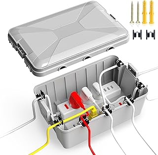 TOTUFY Large Outdoor Electrical Box Waterproof (12.9 x 8.3 x 5.2 inch), IP54 Weatherproof Extension Cord Cover with 7 Cable Seal Entry, Protect Power Strip, Timer Outlet Plug, Holiday Light,Grey