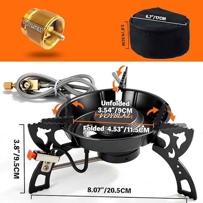 camping stove - made of 4mm carbon steel, featuring piezoelectric ignition and a 39-inch hose ideal for backpacking, hiking, and outdoor cooking