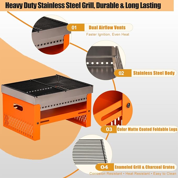 Portable Charcoal Grill, Small Tabletop BBQ, Foldable Mini Hibachi, Stainless Steel Camping Grill, Compact Outdoor Cooker for Picnic, Tailgating Chac Grl 002P (Orange)