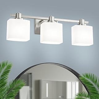 Bathroom Light Fixtures Over Mirror Bathroom Vanity Light Silver Modern Industrial Makeup Lighting Wall Sconce Farmhouse Rustic Milk Glass Lamp Desk Sink (Brushed Nickel, 24 Inch, 3 Light)