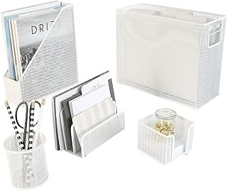BLU MONACO | White Desk Organizer Set | 5 Piece Metal Office Desk Organizer with Hanging File Holder, Magazine Organizer, Pen Cup, Sticky Note Holder, Mail Sorter | Desk Organizers and Accessories
