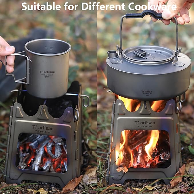 Titanium Wood Burning Stove with Hinge, Folding Camping Backpacking Stove Titanium Wood Stove Portable Wood Alcohol Stove for Outdoor Camping Picnic BBQ