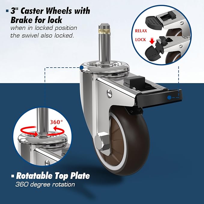 4 Pack 3" Caster Wheels with Inserted Balancers for Blackstone Griddle Stand, Griddle Accessories for Blackstone 22''/17'' Table Top Grill Stand,360 Degree Rotate Swivels, Wheels Kit with Safety Brake