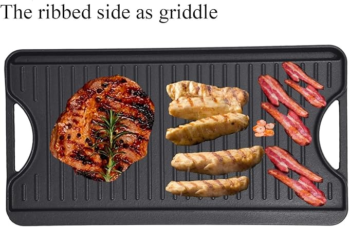 GasSaf Reversible Cast Iron Griddle, 18.5 x 10 Inch Double Sided Cooking Surface, Heavy-Duty Gas Grill Pan, Flat & Ribbed Griddle Pan for Double Burner Stovetop, Oven, Grill & Campfire