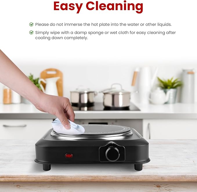1200W Hot Plate, Electric Infrared Single Burner, Portable Stove Countertop Hotplate with 7.5” Glass Cooktop Stepless Temperature Adjustments for Home RV Camp, Compatible for All Cookwares